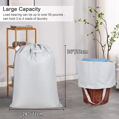 Polecasa Extra Heavy Duty Large Laundry Bag with Sturdy Handles, ID Tag & Drawstring Closure, 28 x 36 inches Durable Storage Bags, Laundry Accessory for Basket, Hamper, College, Dorm, Travel, Silver