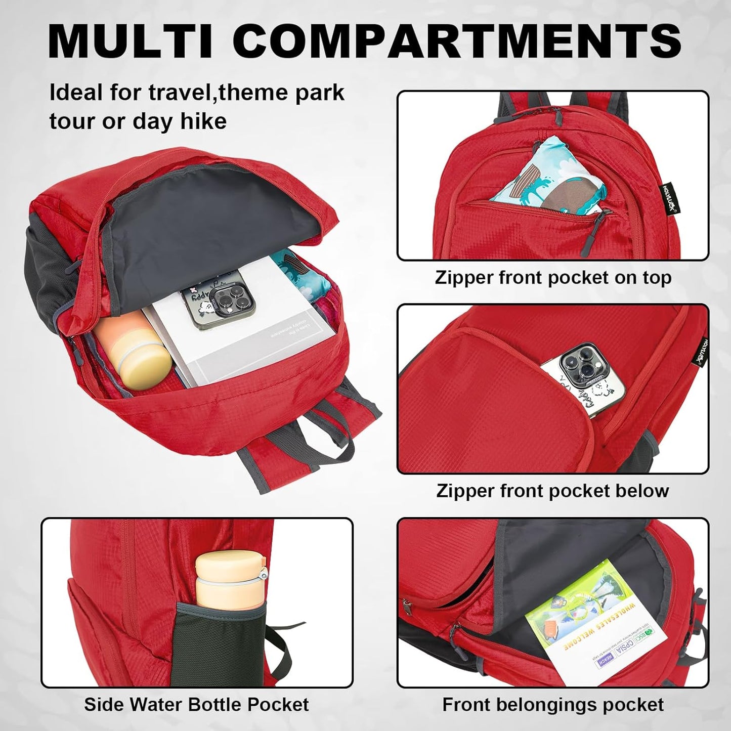 HOLYLUCK 20L lightweight packable Hiking Daypack Foldable Backpack for Men Women Small Travel Outdoor Foldable Shoulder Bag-red