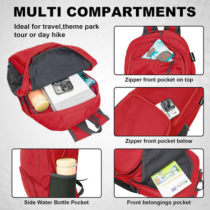 HOLYLUCK 20L lightweight packable Hiking Daypack Foldable Backpack for Men Women Small Travel Outdoor Foldable Shoulder Bag-red