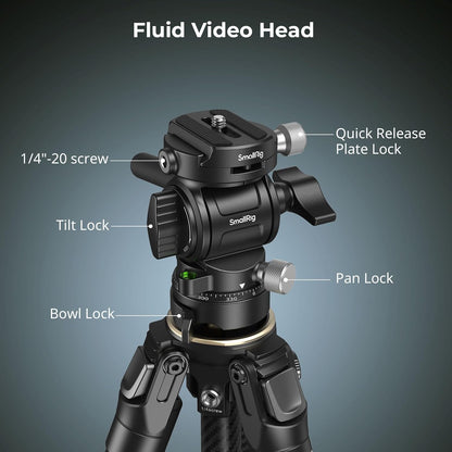 SmallRig Portable Carbon Fiber Travel Tripod Kit, 61.8'' Video Camera Tripod Monopod Video Head, Built-in QR Plate for Arca, Switchable Centre Column, Max Load 3kg / 6.6lb for Cameras, DSLR
