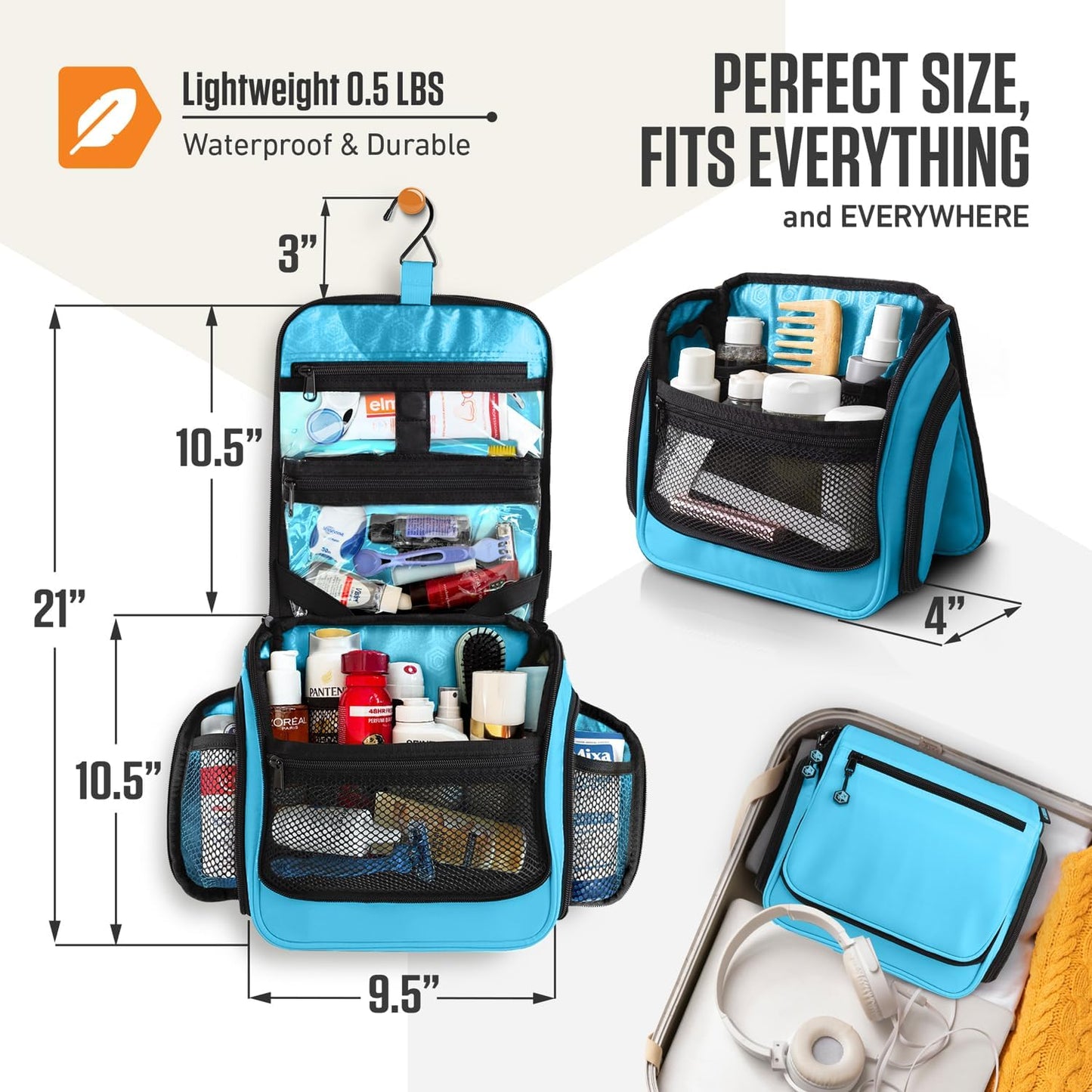 VENTURE 4TH Hanging Travel Toiletry Bag for Women & Men - Travel Organizer with Expandable Compartments & Removable Clear Pouch for Toiletries (Light Blue)