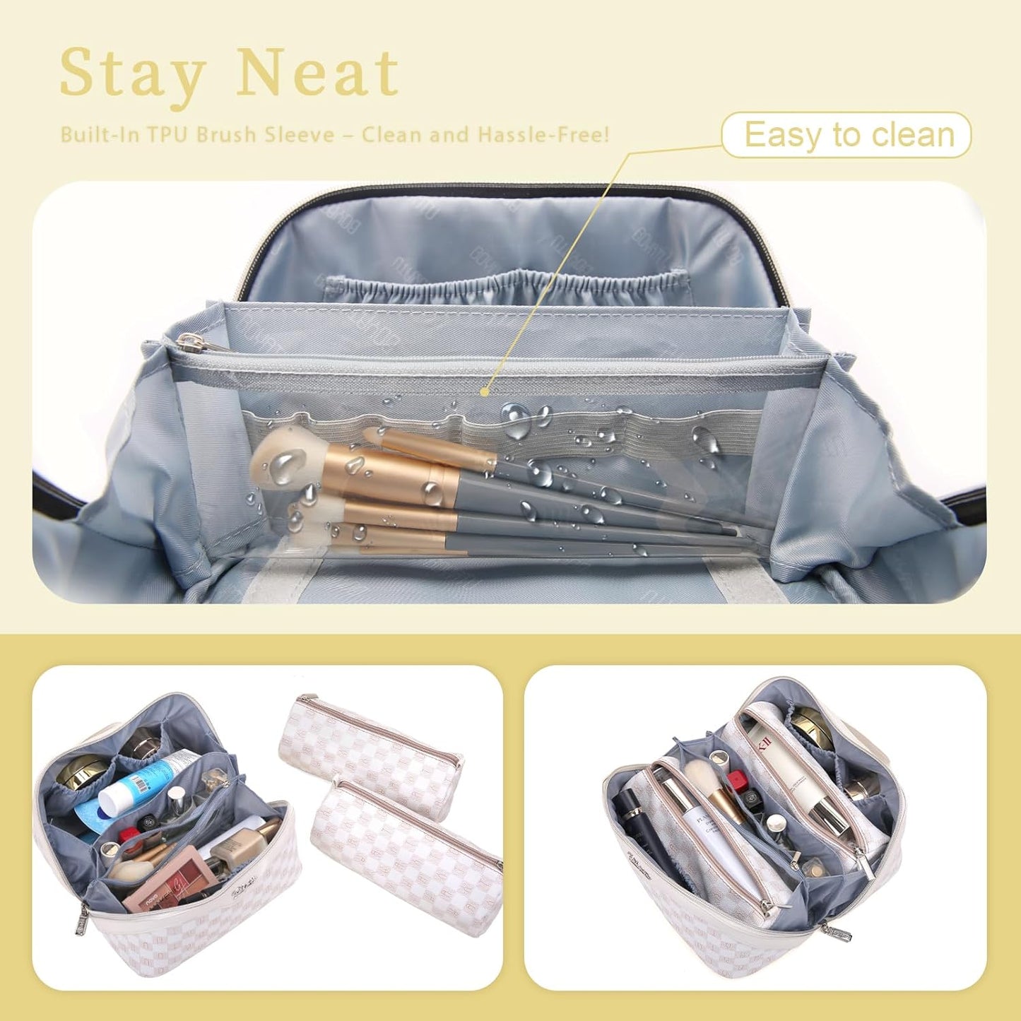 BOYATU Travel Makeup Bag Cosmetic Bags for Women: 3 Pcs Set Portable Make up Bag with Handle - Vegan Leather Toiletry Bags with Compartments - Makeup Organizer for Travel Essentials(02-White)