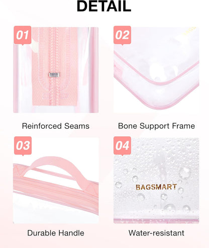 BAGSMART TSA Approved Clear Toiletry Bag, 3 Packs Quart Size Water Resistant Makeup Cosmetic Bags for Women, Airport Airline Travel Essential Carry On Organizer with Handle Large Opening, Pink