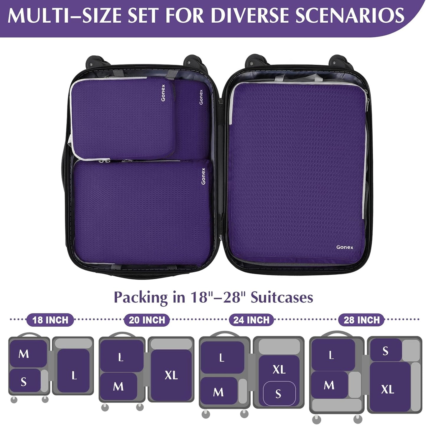 Gonex Compression Packing Cubes, 3pcs/4pcs Expandable Storage Travel Luggage Bags Organizers