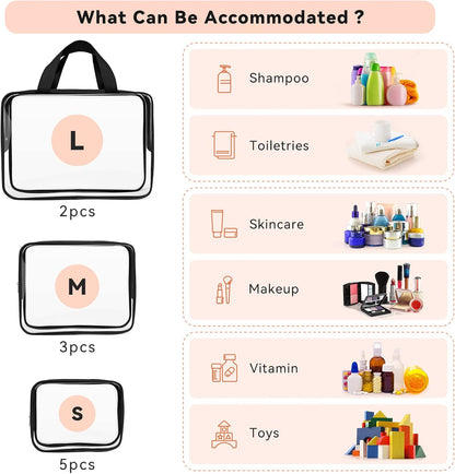 TISRATOK 10 PCS Clear Travel Makeup Toiletry Bag, Plastic PVC Cosmetic TSA Approved Organizer Kit with Zipper Handbag（Black）