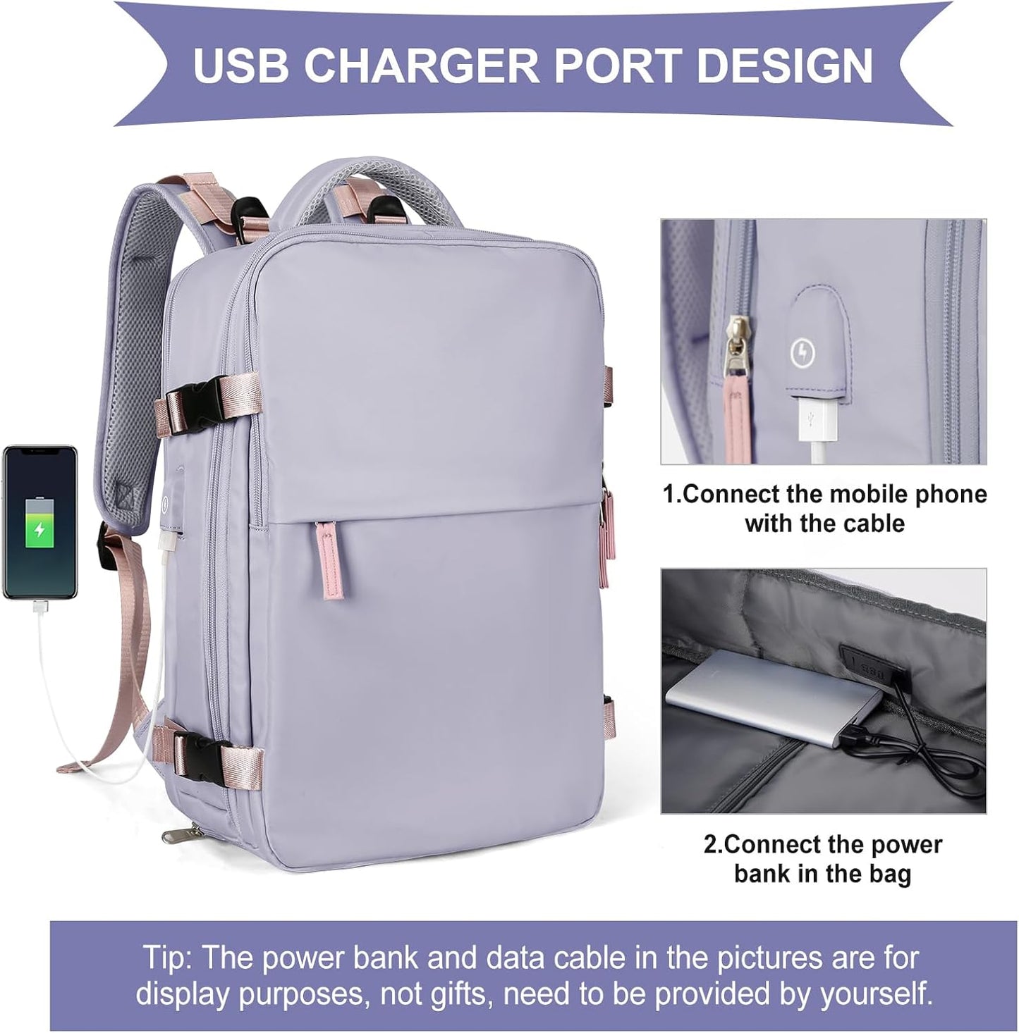 coowoz Large Travel Backpack For Women Men,Carry On Backpack Flight Approved,Hiking Backpack Waterproof Outdoor Sports Rucksack Casual Daypack Fit 15.6 Inch Laptop Shoes Compartment (Light Purple)