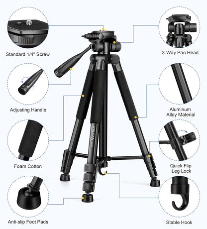 JOILCAN Tripod for Camera, 67" Heavy Duty Camera Tripod, Phone Tripods for Video Recording Photo Vlog, Aluminum Tripods with Holder & Travel Bag for Cameras DSLR iPhone Projector Laser