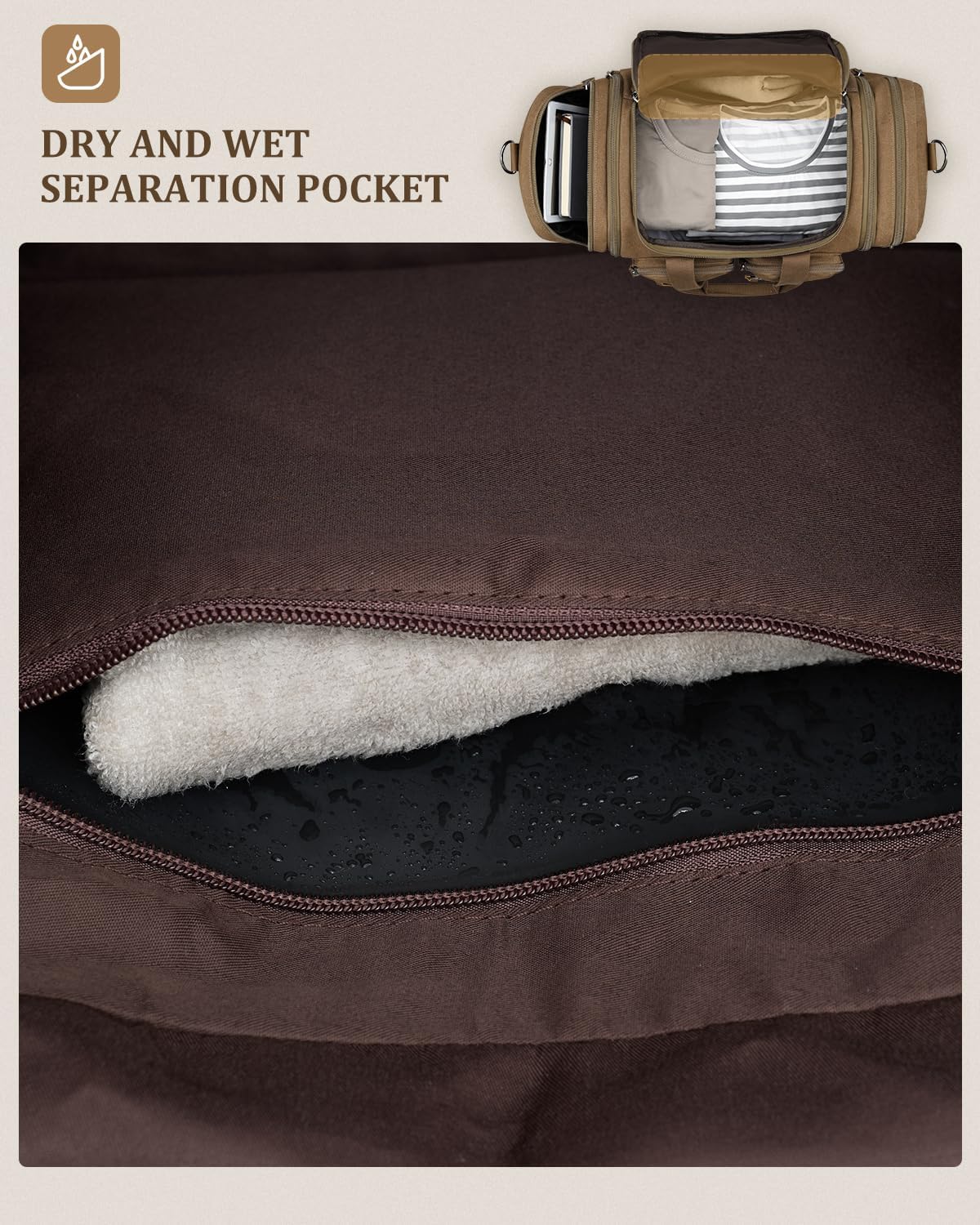 Gonex Canvas Duffle Bag for Travel, Expandable Water Resistant 50L Carry on Duffel Overnight Weekender Gym Bag with Wet Dry Separation Pocket & Suitcase Handle Sleeve,Coffee