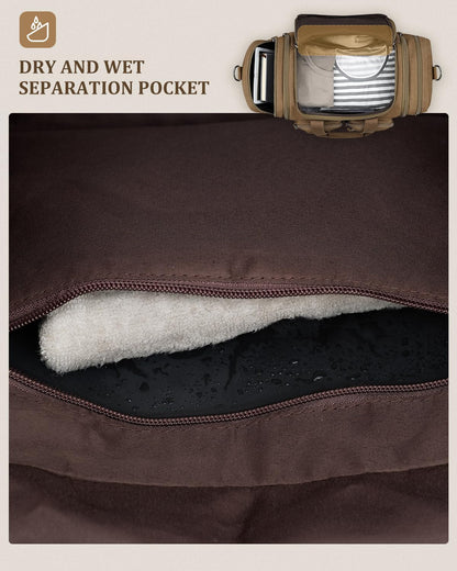 Gonex Canvas Duffle Bag for Travel, Expandable Water Resistant 50L Carry on Duffel Overnight Weekender Gym Bag with Wet Dry Separation Pocket & Suitcase Handle Sleeve,Coffee