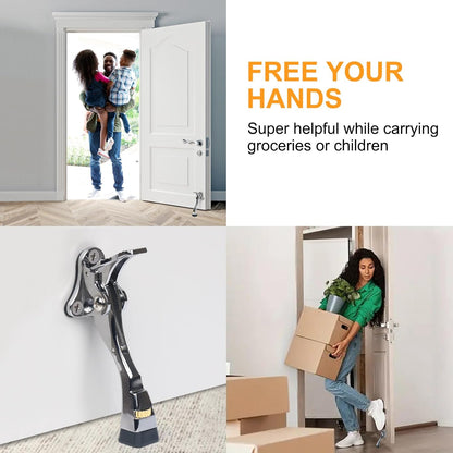 4 Packs Heavy Duty Kickdown Door Stopper, One Touch Adjustable Kickdown Door Stop for Heavy Doors, 4 inch Metal Door Kickstand with Rubber Tip & Wall Protectors for Wide Doors- Sliver