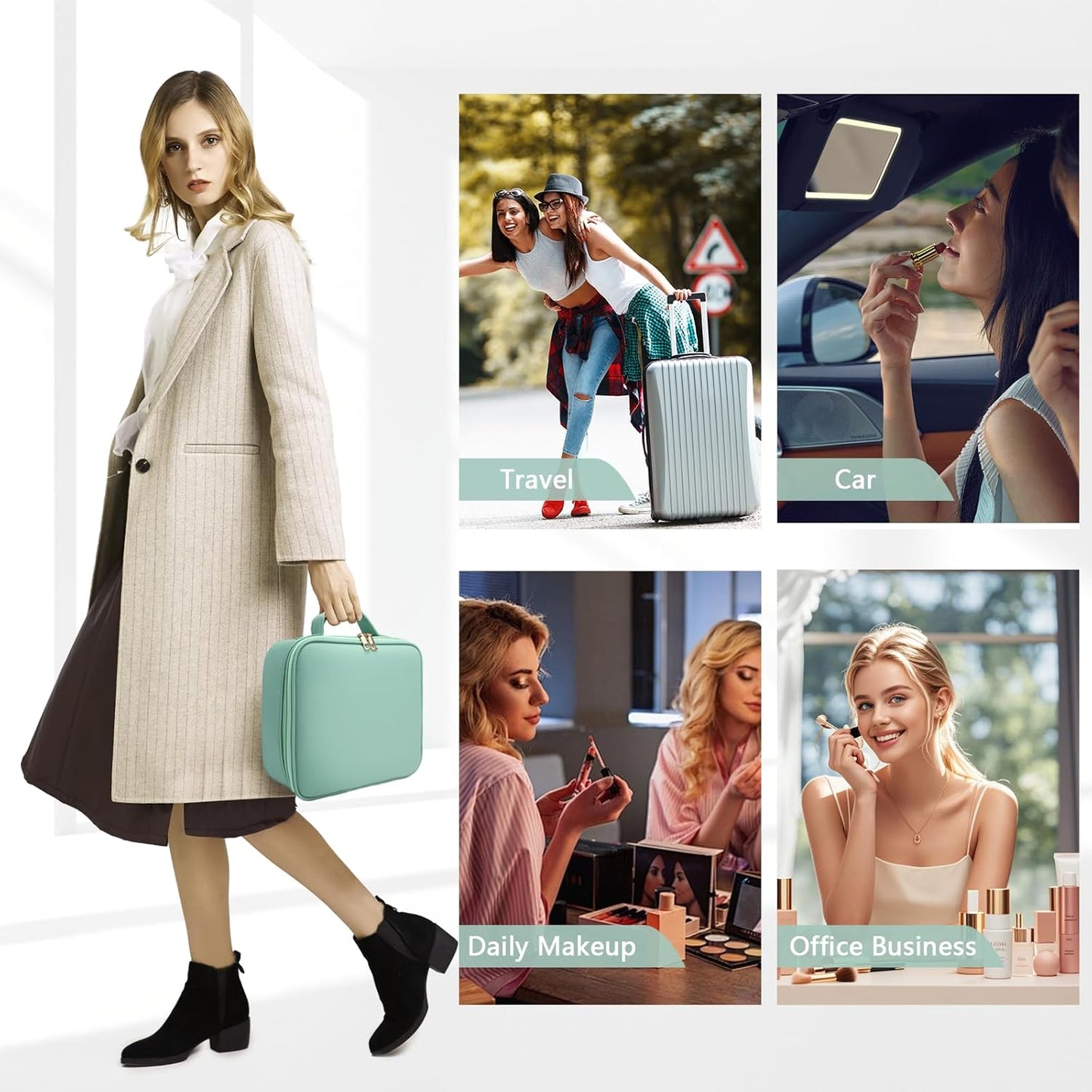 Travel Makeup Bag,with Mirror 3 Color Setting and Detachable 10x Magnifying Mirror Travel Makeup Bag,Portable Storage and Adjustable Dividers （light green）