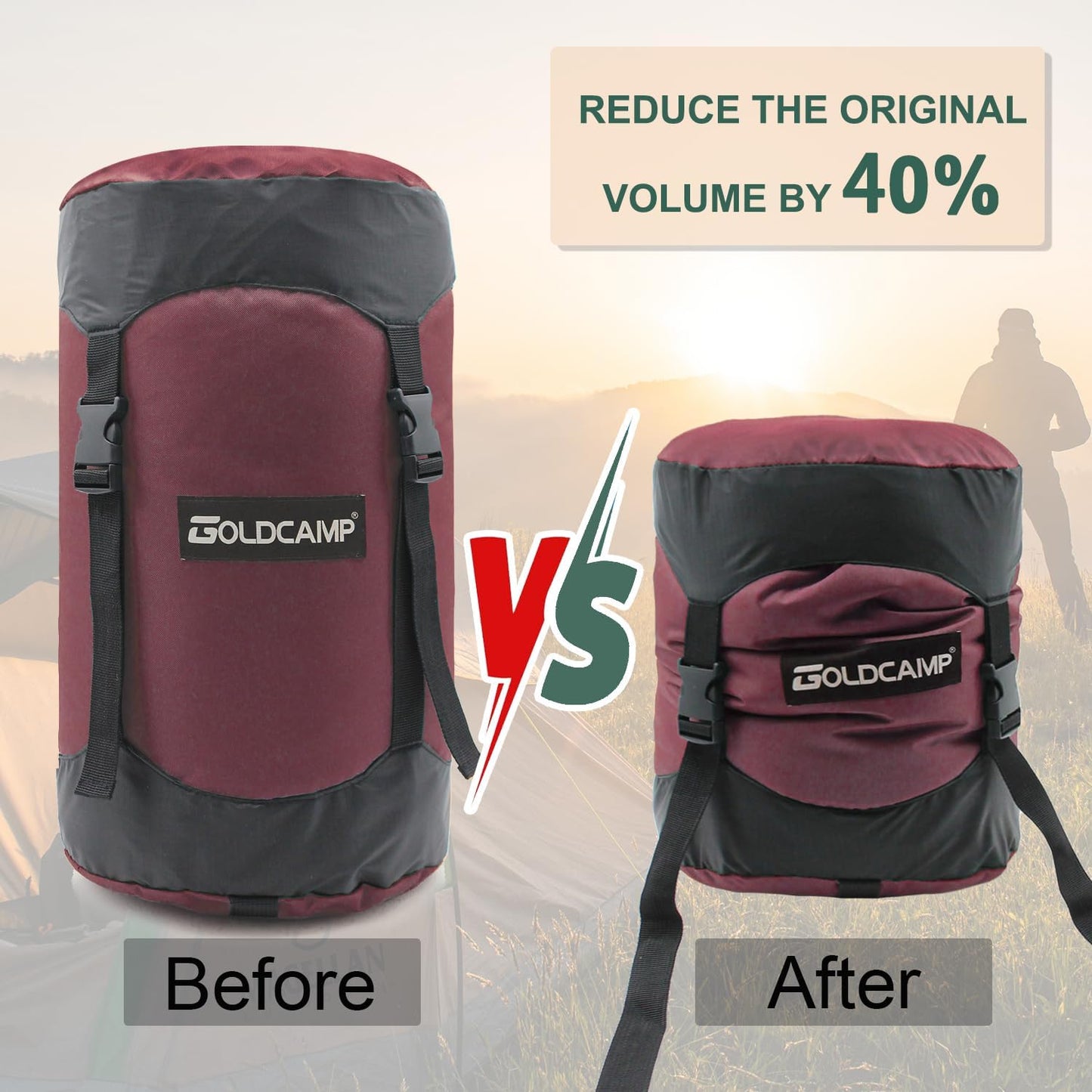 GoldCamp compression stuff sack for Ultralight sleeping bag, space saving gear with dust flap,18L/30L/43L/49L/65L Compression Stuff Sack, Waterproof, Camping, Travel, Outdoor, Backpacking (Red, XXXL)