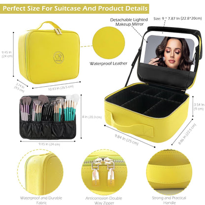 MOMIRA Travel Makeup Bag Cosmetic Bag Makeup Organizer Bag with Large Lighted Mirror 3 Color Scenarios Adjustable Brightness,Yellow