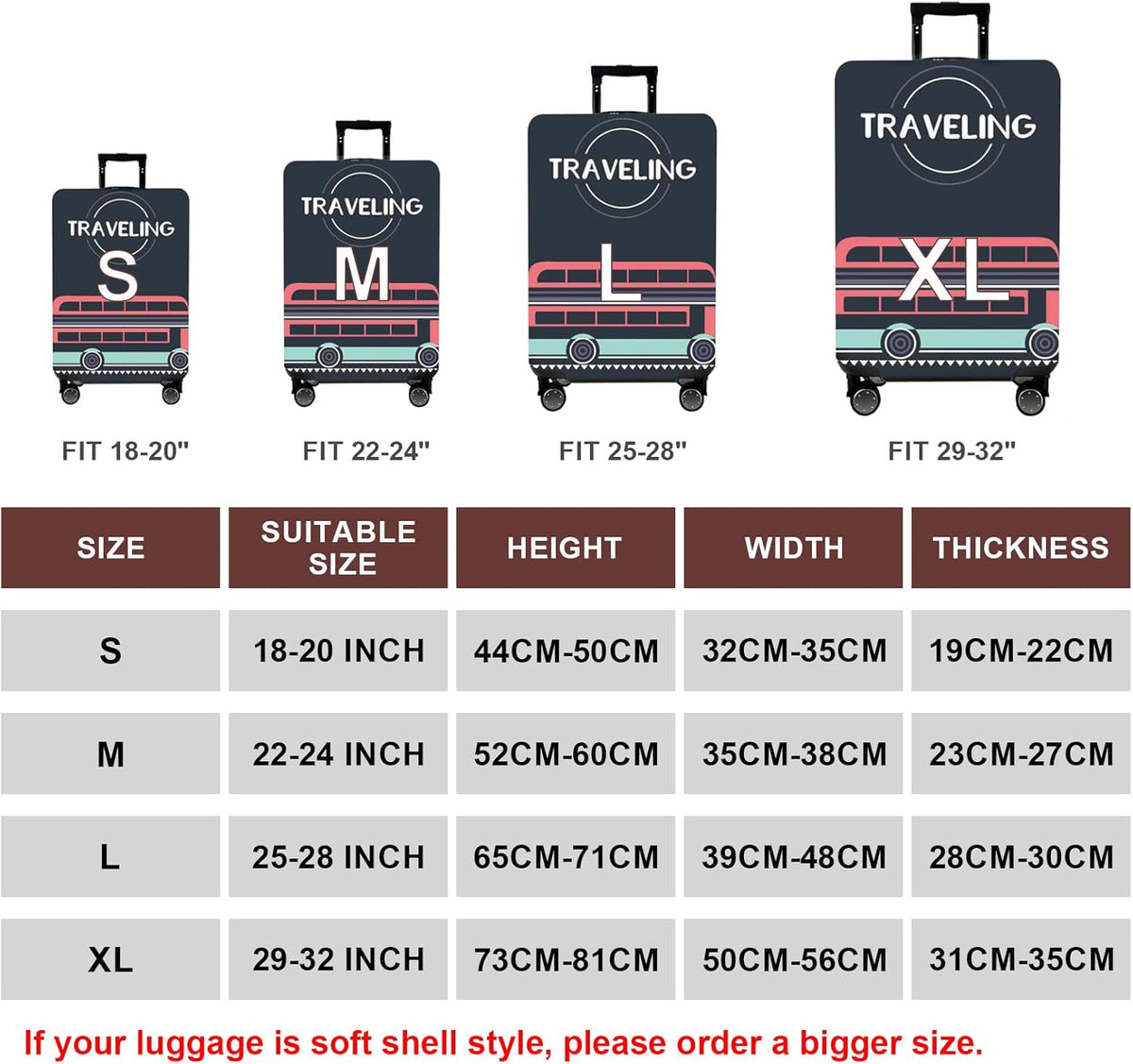WUJIAONIAO Travel Luggage Cover Baggage Suitcase Cover Protector Skins 18-32 Inch (TRAVELING, L (for 25-28 inch luggage))