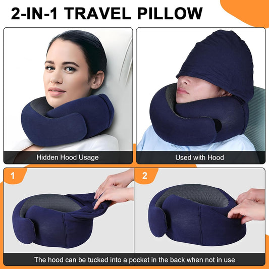Travel Pillow - Hooded Neck Pillow Airplane Memory Foam Filling for Plane, Office, Cars Sleeping, Road Trip, Long Flights, Portable Plane Accessories, Includes Eye Mask & Earplugs (Navy)