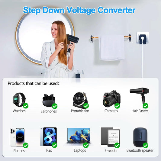 220V to 110V Voltage Converter US to Europe for Hair Dryer with Fast Charging 2 USB A 2 USB C, Power Converter Adapter Combo International Travel Adapter C A G I (Black)