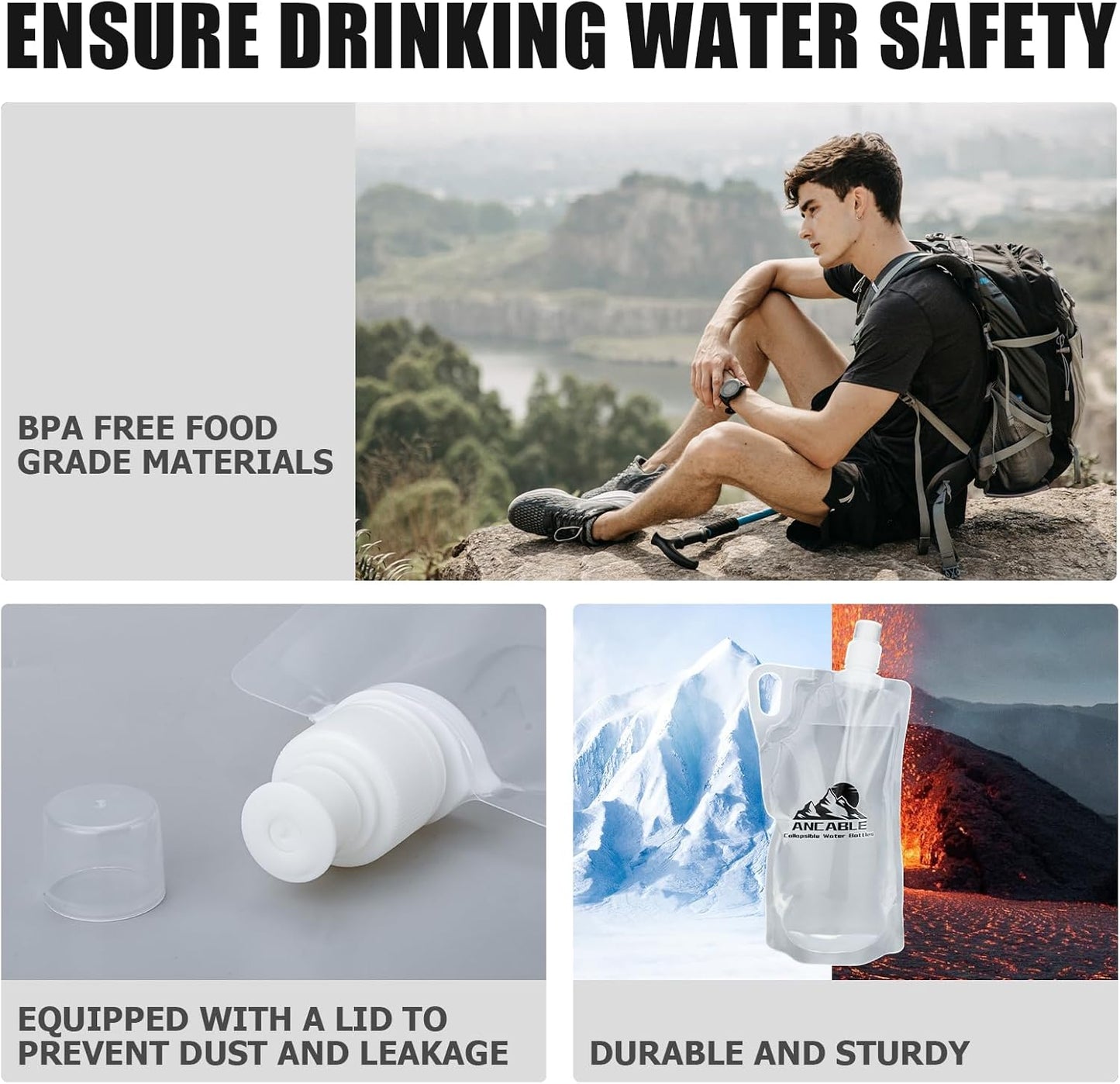 1L Hiking Collapsible Water Bottles, 6-Pack 33OZ BPA-Free Foldable Backpacking Water Bottle for Travel Camping Hiking