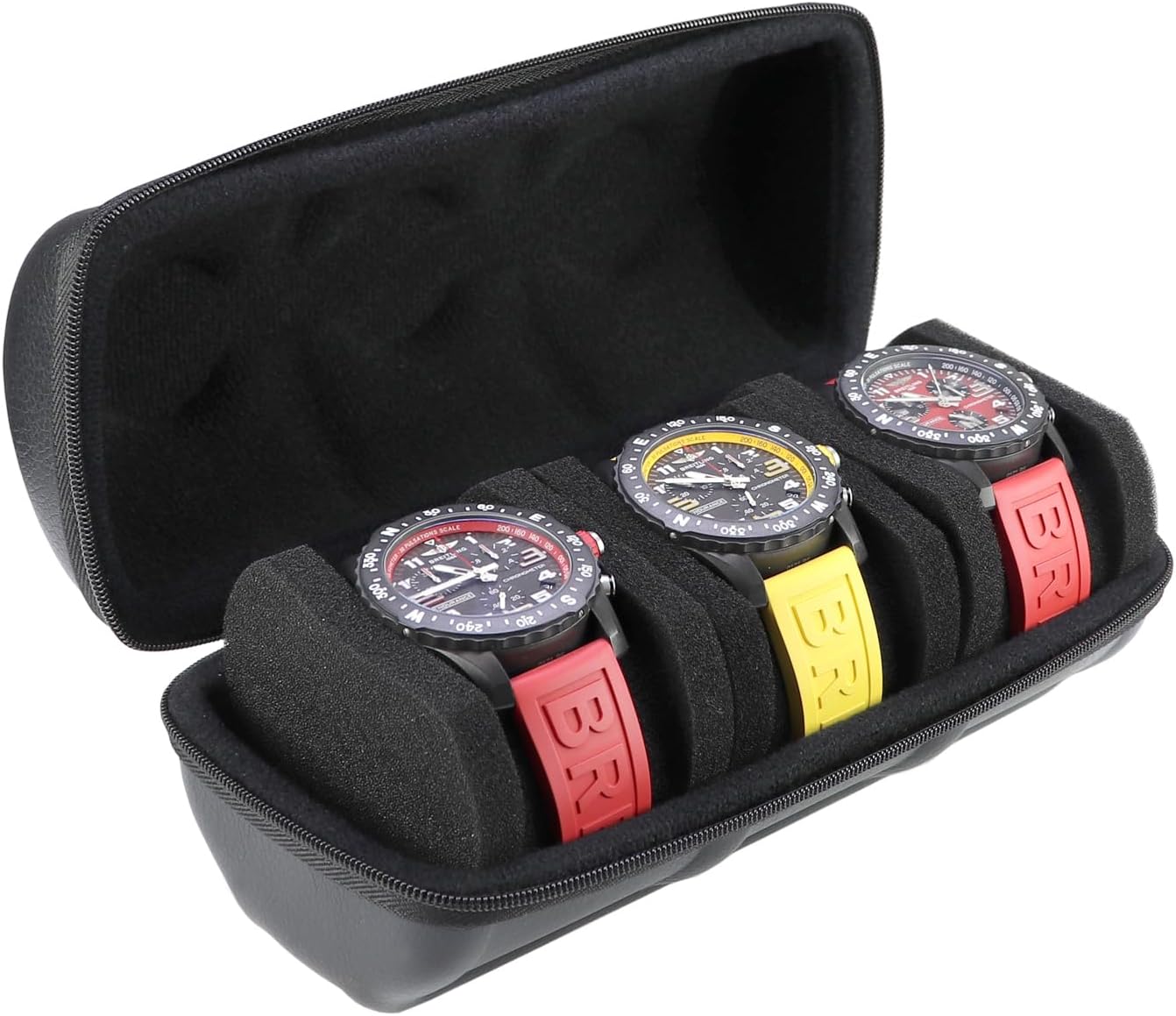 Juntan 3 Slots Hard Watch Travel Case, Portable PU Leather Zipper Storage Organizer Box for Men Women with Soft Compressible Foam Pillow Black