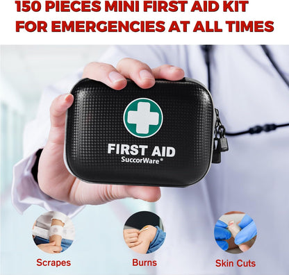 150 Pieces Mini First Aid Kit - Small Medical Kit with Hard Shell - Emergency First Aid Kit for Car, Travel, Home, Outdoor, Office, Camping, Hiking (Black)