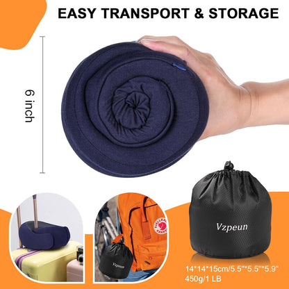 Travel Pillow - Hooded Neck Pillow Airplane Memory Foam Filling for Plane, Office, Cars Sleeping, Road Trip, Long Flights, Portable Plane Accessories, Includes Eye Mask & Earplugs (Navy)