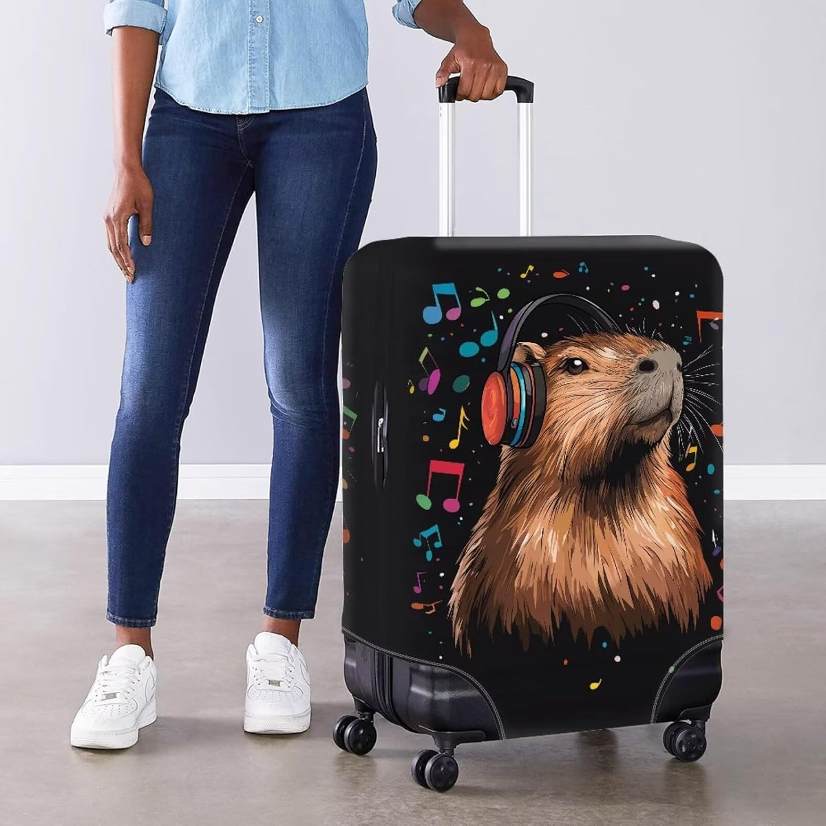 Capybara Luggage Cover Fits 26-29 Inch Luggage Anti-Scratch Spandex Zipper Suitcase Cover Protector Washable Stretchable Travel Baggage Case Cute Travel Essential, Music Note, Size L
