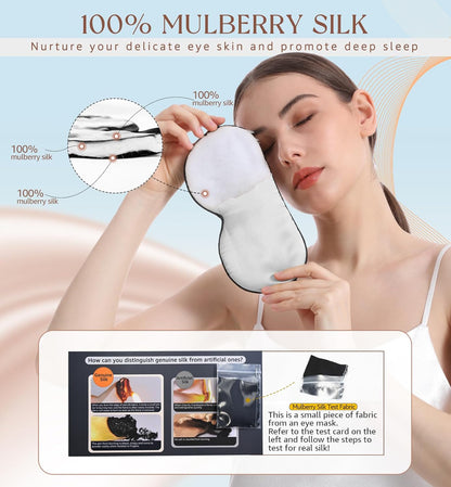 HiRui Silk Sleep Mask, 100% Natural Mulberry Silk of Double-Sided & Inner-Filling, Ultra-Smooth Soft, Adjustable Strap, Blocks Light for Night Sleeping, Travel, Office Naps (Gray)