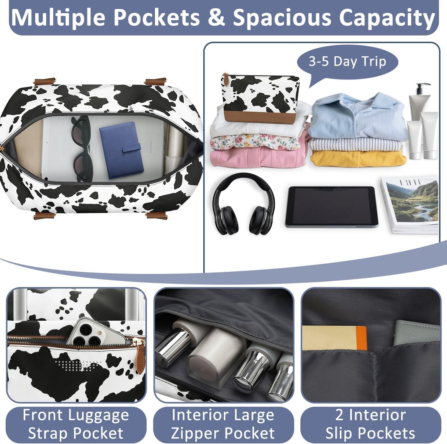 Travel Duffle Bag for Women, Weekender Bags, Hospital Bag for Labor Delivery, Lightweight Tote Duffel Overnight Bag with Luggage Sleeve, Airplane Travel Bags with Toiletry Bag, Large, Cow