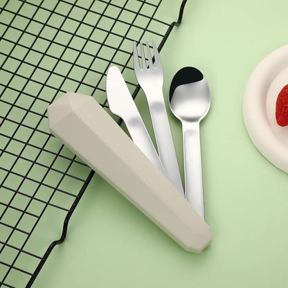 DEVICO Travel Utensils with Case, Reusable Camping Silverware Cutlery, 18/8 Stainless Steel Portable Fork Spoon Knife Set for Lunch Picnic School Workplace (Khaki)