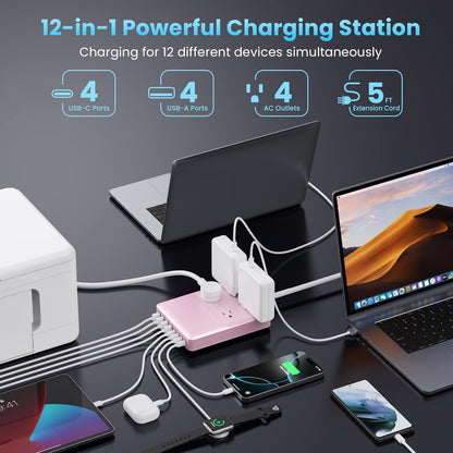 12-in-1 Charging Station USB C Power Strip with 5ft Cord,200W GaN IV USB C Charger Block,4 AC Outlets,4 USB-A,4 USB-C for MacBook,iPhone 16/15/14,Fast Charging Desktop Charger for Office (Pink)
