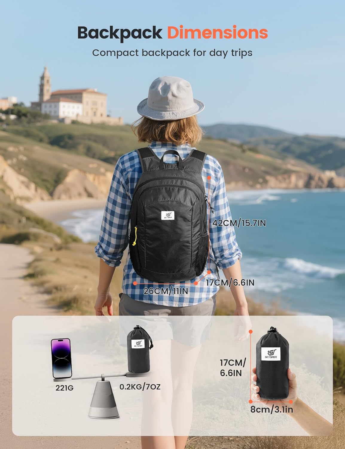 SKYSPER 16L Hiking Backpack Lightweight Small for Women Men, Foldable Packable Daypack - Travel Camping Backpack, Outdoor Hiking Bag （Black）