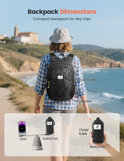 SKYSPER 16L Hiking Backpack Lightweight Small for Women Men, Foldable Packable Daypack - Travel Camping Backpack, Outdoor Hiking Bag （Black）