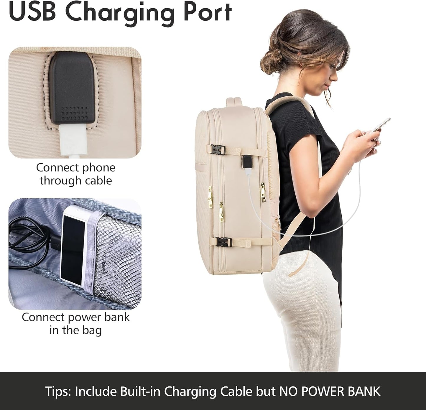 MOMUVO Large Travel Backpack Women, Flight Approved Carry On Backpack, Water Resistant Anti-Theft Large Casual Daypack Fit 17 Inch Laptop with USB Charging Port, Beige