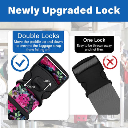 2 Pack Luggage Straps for Suitcases, Adjustable Travel Belt with Double Lock and Quick Release Buckle, Heavy Duty Nylon Bag Packing Strap, Bright Identifiers Business Travel Accessories-Pink Flowers