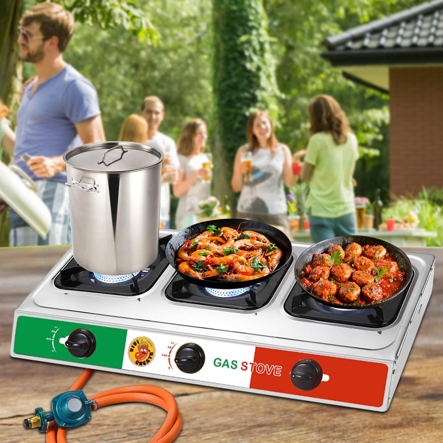 Vivicreate 3 Burner Propane Gas Stove 30000 BTU Stainless Steel Cooktop with Enamel Pan Supports Electronic Ignition for Outdoor Cooking Camping BBQ Estufa de Gas Portátil Fogón de Gas