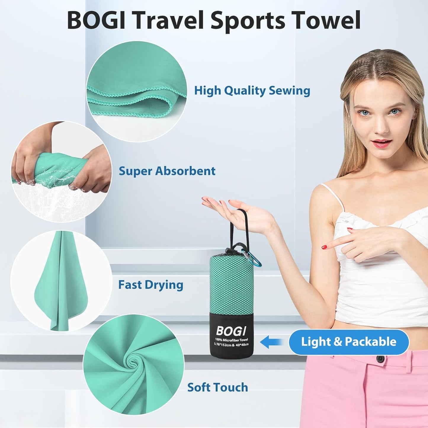 BOGI Microfiber Travel Sports Towel-Quick Dry Travel Towel,Soft Lightweight Absorbent Compact Sports Towel for Camping Gym Beach Bath Yoga Swimming Backpacking (S:16''x32'',2Pcs-Mint)