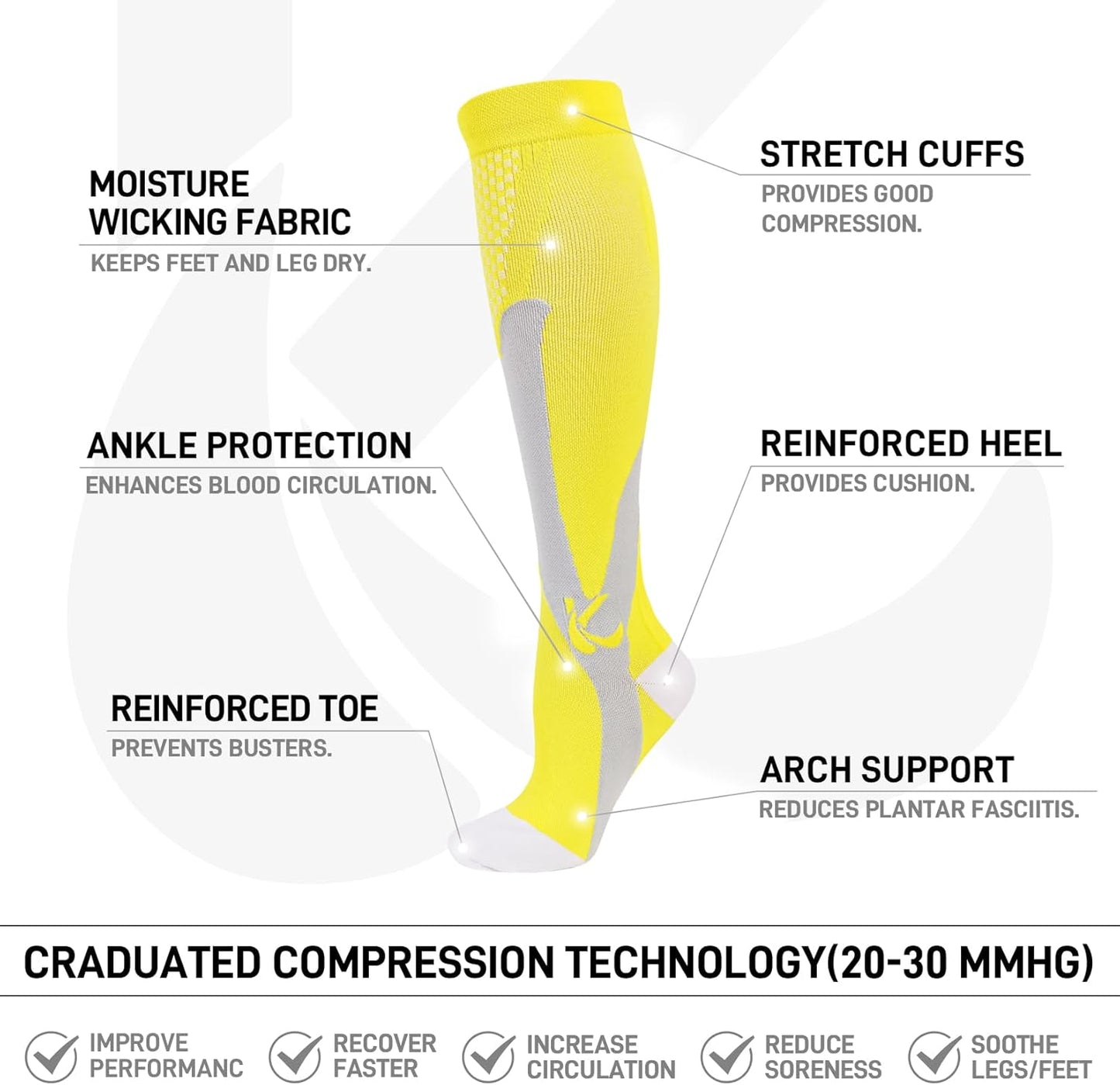 Kickticks 4 Pairs Compression Socks for Woman & Man Unisex 20-30mmHg Knee high Plus Size Wide Calves for Flying Running…