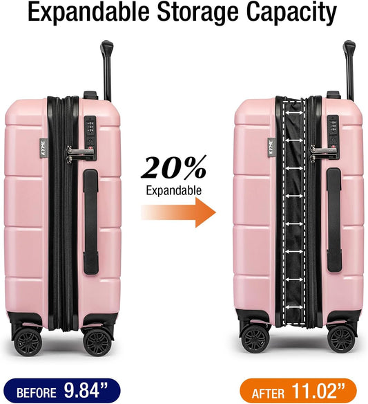 KYME Pink Hardside Expandable Carry On Luggage 22x14x9 Airline Approved 20 Inch Hardshell Carry On Suitcase with Wheels TSA Lock Small Travel Rolling Luggage with Cup Holder for Women