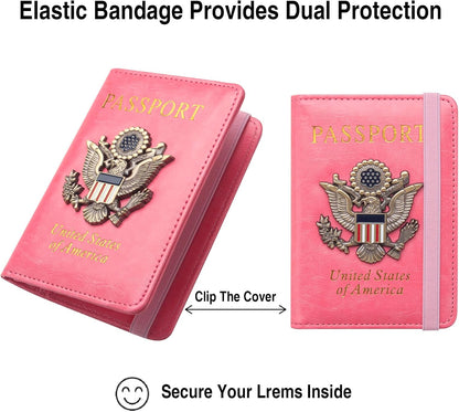 Passport Holder for Travel Passport Cover for Men Passport Wallet Case with Metal 3D Metal Badge Protector Leather Card Case RFID Blocking Women Travel Accessories Document Organizer (Pink)