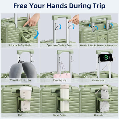 Hard Shell Suitcases Travel Expandable Luggage, 24 Inch Check in Luggage with Spinner Wheels Cup Holder Charger Built in, Checked Medium Suitcase Lightweight Suitcases, Bamboo Green