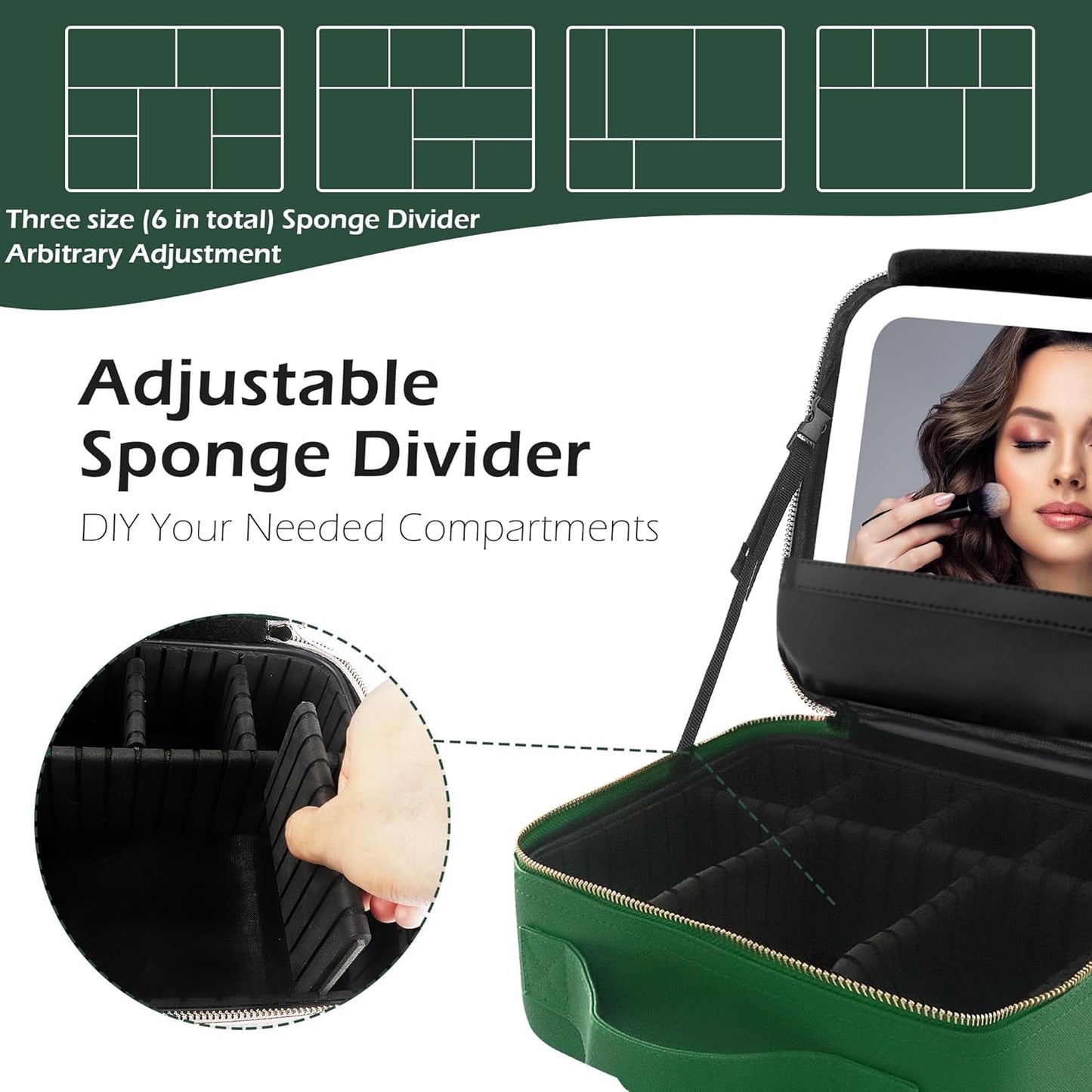 MOMIRA Travel Makeup Bag Cosmetic Bag Makeup Organizer Bag with Lighted Mirror, Adjustable Brightness in 3 Color Scenarios, Waterproof Makeup Train Case, Gift for Women - Emerald green