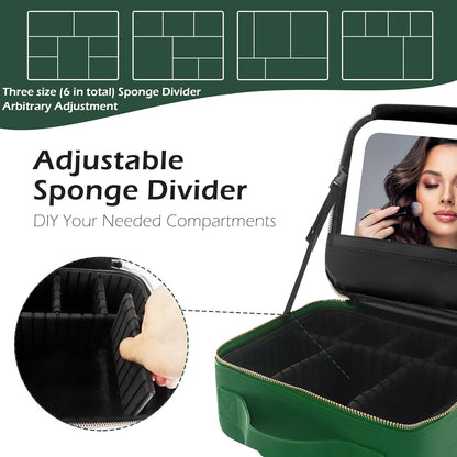 MOMIRA Travel Makeup Bag Cosmetic Bag Makeup Organizer Bag with Lighted Mirror, Adjustable Brightness in 3 Color Scenarios, Waterproof Makeup Train Case, Gift for Women - Emerald green