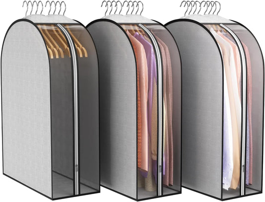 10" Gusseted Garment Bags for Hanging Clothes 32" Suit Bags for Open Closet Storage, Side Clear Clothing Cover for Coat, Dress, Jacket, Shirt, Fur Wardrobe Protector, 3 Packs, Grey