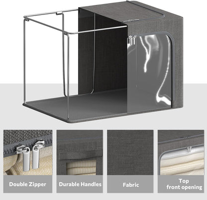 4 Pack Clothes Storage Bins with Metal Frame - Linen Fabric Foldable Stackable Container Organizer Set with Clear Window & Carry Handles & Zippers (Dark Gray, 23.6"x16.5"x15.7")