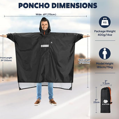 ANYOO Hooded Rain Poncho for Adults Waterproof Lightweight Rain Coat for Men - Image 2