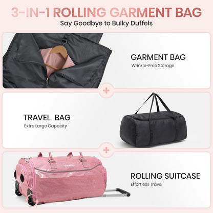 3-in-1 Rolling Garment Bags for Travel, Glitter Wheeled Carry-On Suit Luggage with Shoe Storage & Detachable Bag, Convertible Duffel Bag for Men Women Business Trips Weekender, Wrinkle-Free (Pink)