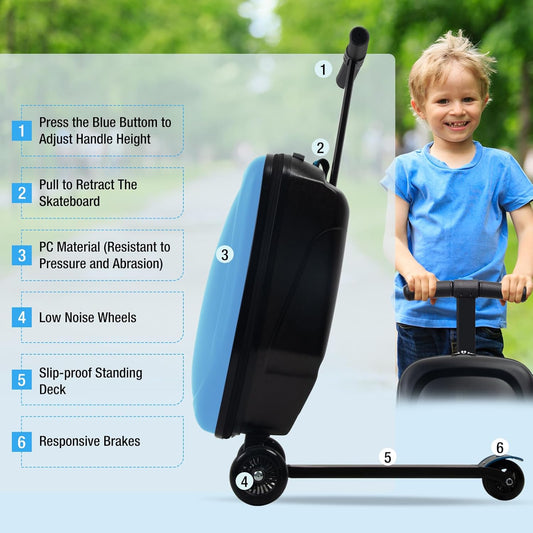 20" Scooter Suitcase for Kids, 2-in-1 Ride On Luggage with Wheels for Boys & Girls Ages 4-15, Foldable Hardshell Carry On Lightweight Travel Suitcase for Airplane