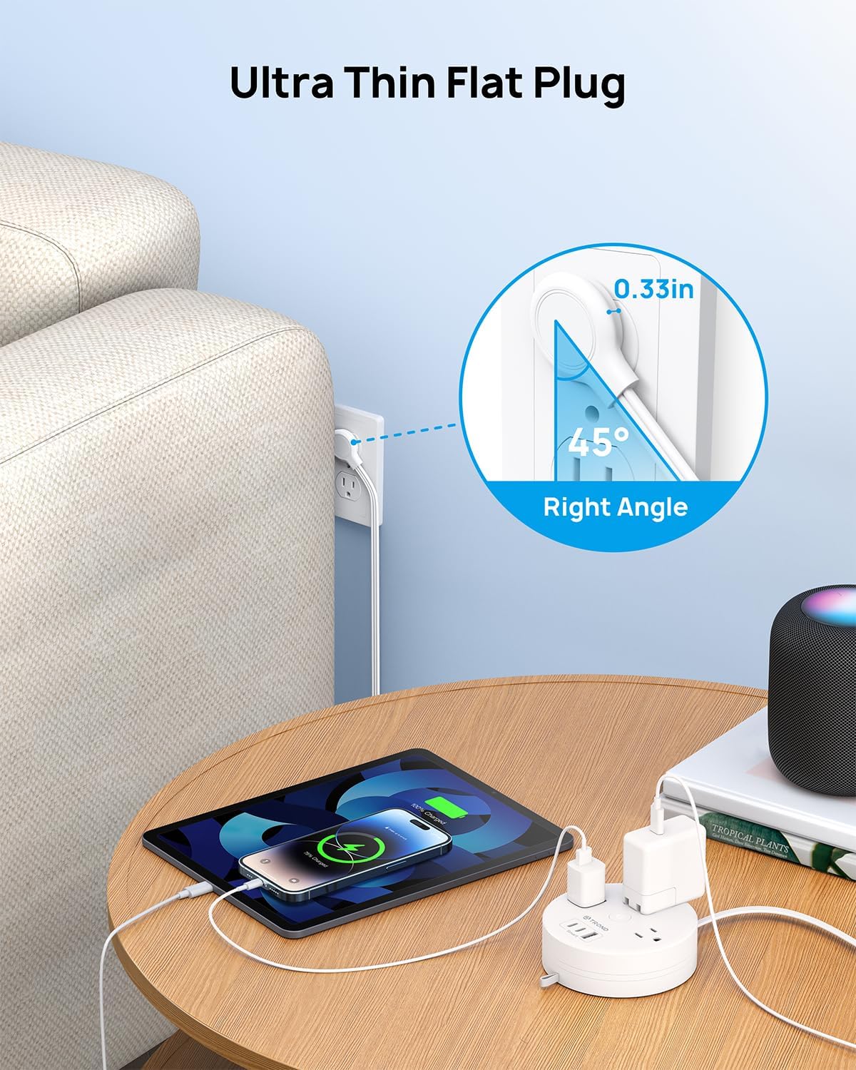 TROND Flat Plug Power Strip - Extension Cord 10FT Semi-Retractable, Power Strip with 3 AC Outlets 3 USB Ports (2 USB C), Cruise Ship Essentials, Desktop Charging Station for Home, Hotel, Dorm