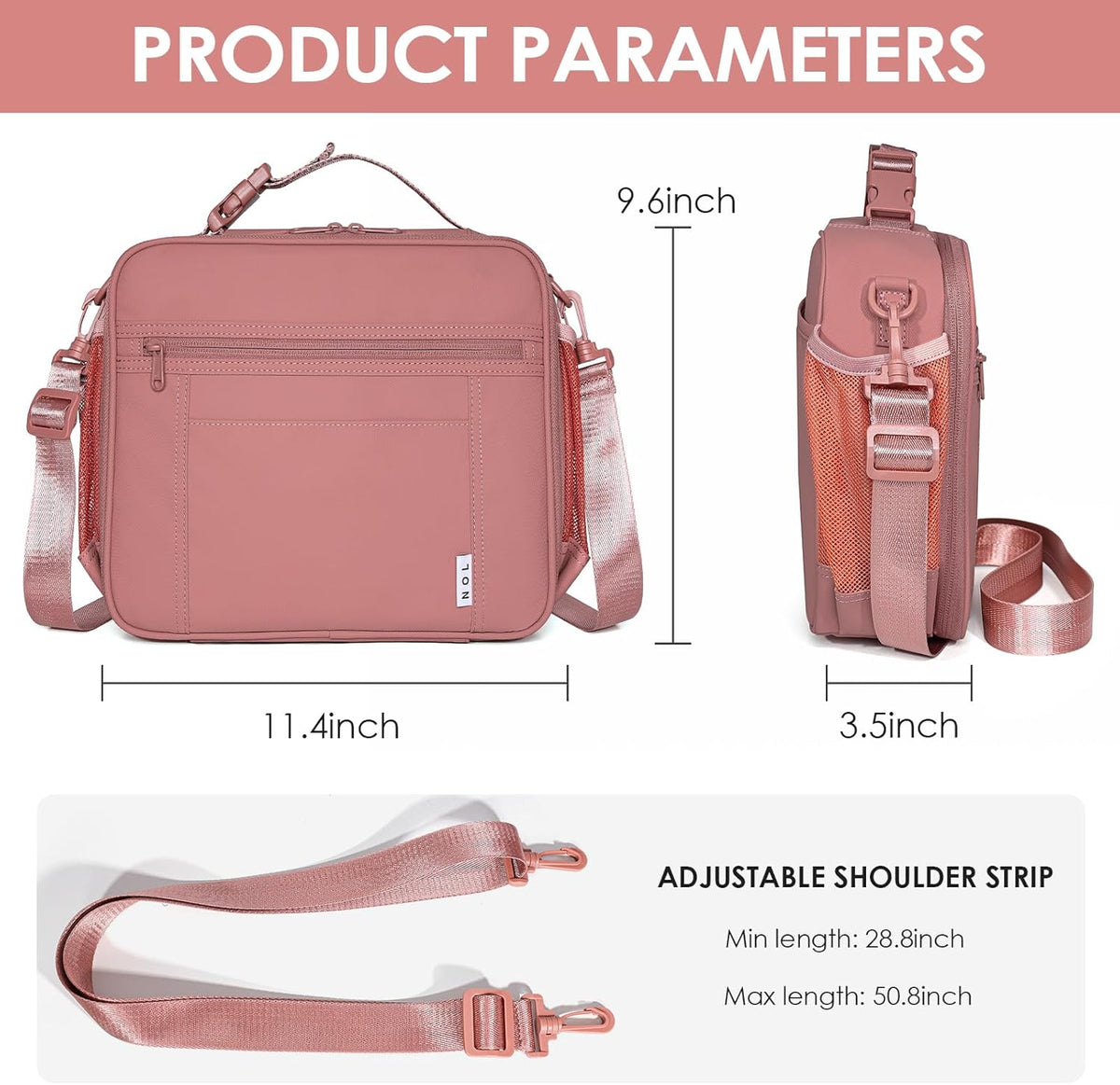 NOL Kids Lunch Bag for School, Reusable Insulated Lunch Box & Children's Tote Bag with Zipper Closure, Buckle Handle, Adjustable Long Shoulder Strap, Easy-Clean Waterproof Fabric Lunchbox - Dark Pink