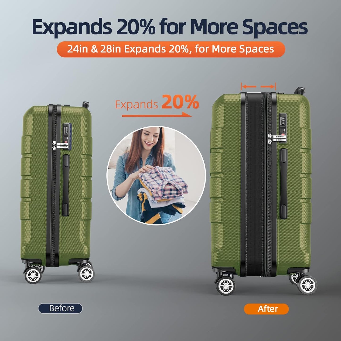 SHOWKOO Luggage Sets Expandable PC+ABS Durable Suitcase Double Wheels TSA Lock Olive Green 3pcs