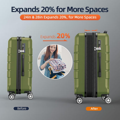 SHOWKOO Luggage Sets Expandable PC+ABS Durable Suitcase Double Wheels TSA Lock Olive Green 3pcs